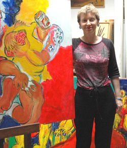 photo du peintre Marine Assoumov avec une peinture de rugby